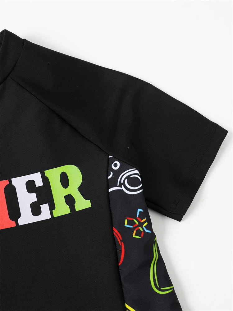 Boy Swimsuit 2026 New Graffiti Print Short Sleeve Children Swimwear Summer Two Piece Kids Beach Wear Swimming Bathing Suit Boys