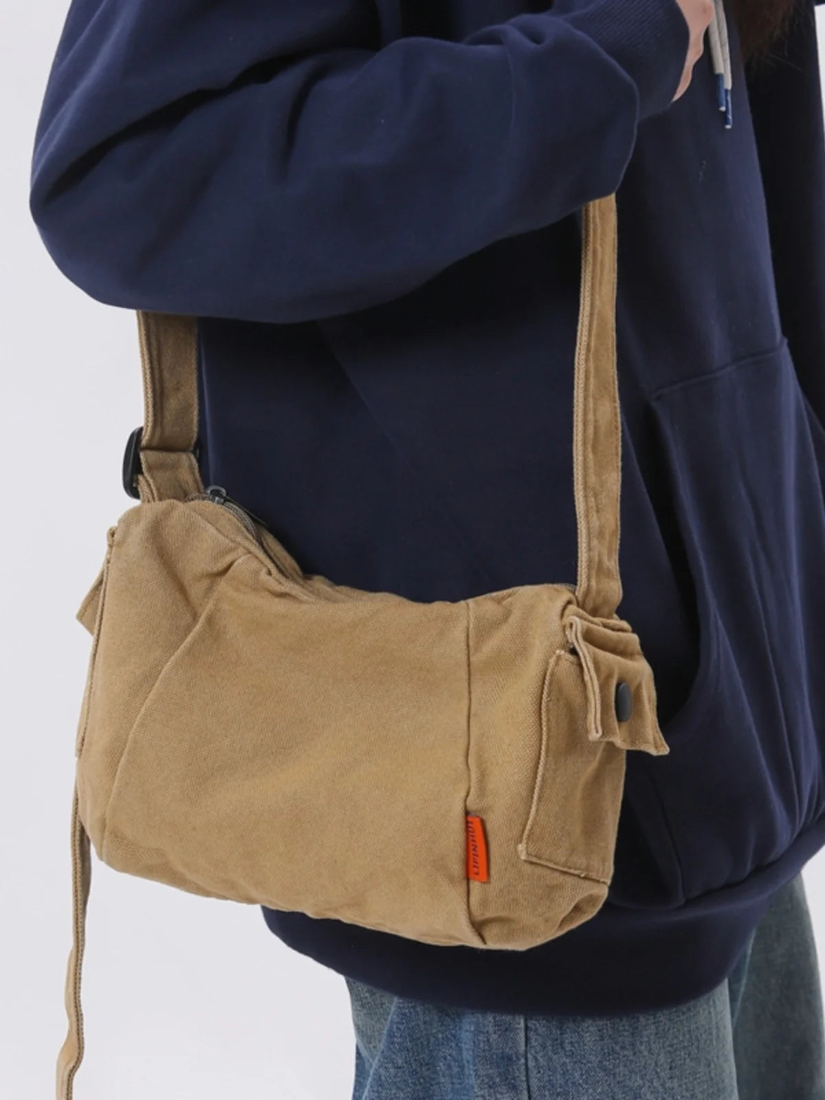 Retro Canvas Shoulder Bag Men's Casual Crossbody Pouch Zipper Book Commuting Leisure Vintage Backpack Youth Pure Color