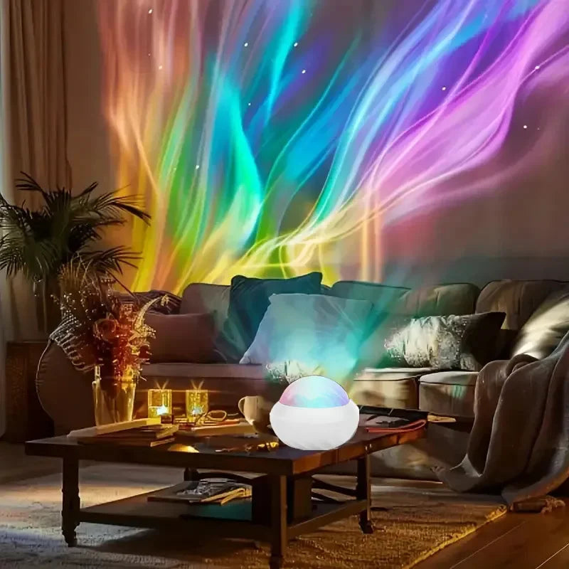 Aurora projector night light creating colorful patterns on living room wall, cozy home decor