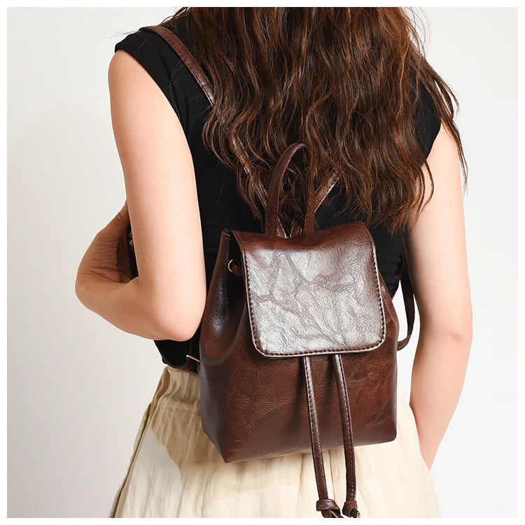 Compact Brown Retro Shoulder Bag Women's Spring Summer New Simple Artistic Match Double Rope Single Shoulder Bag Casual Style