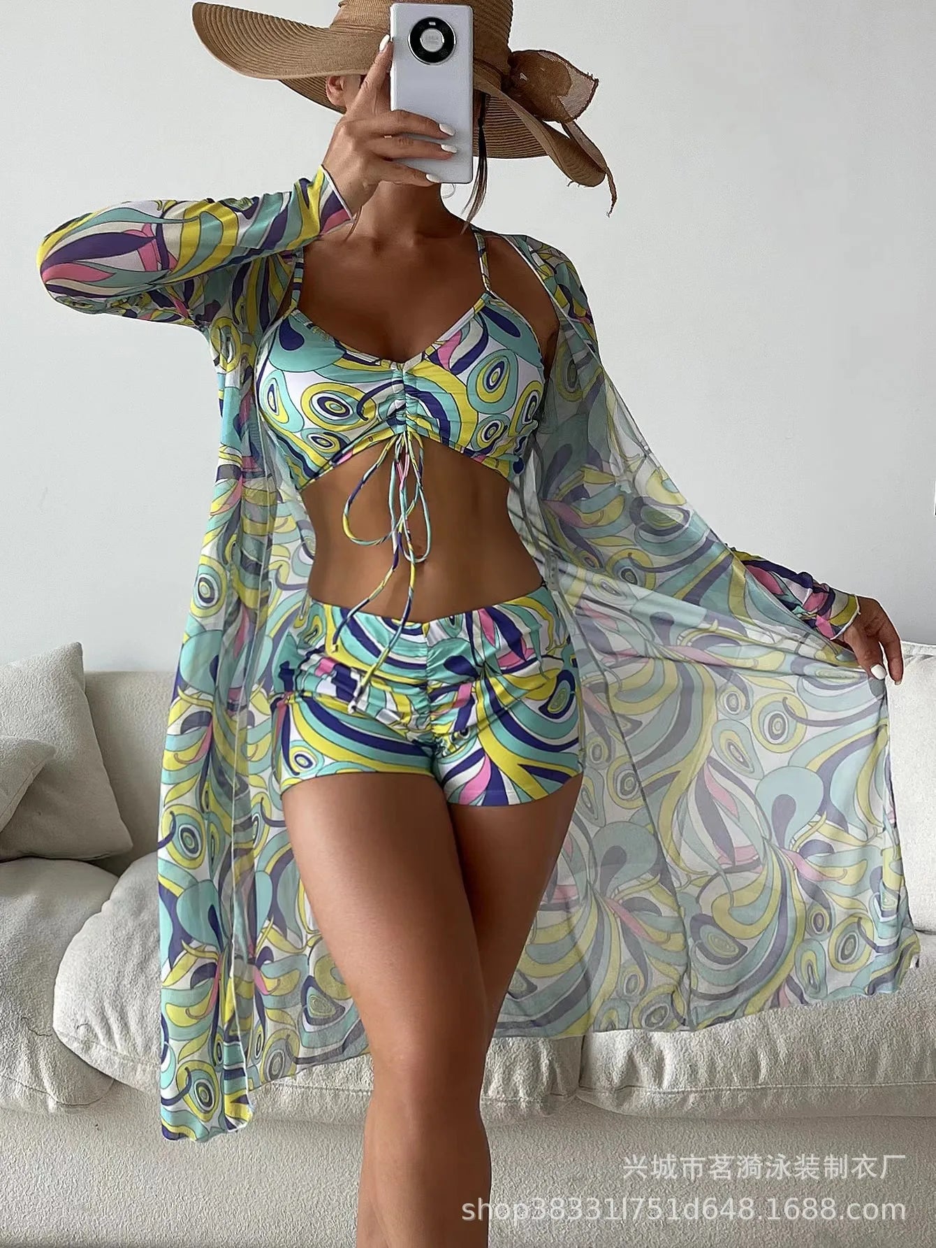 Mingyi New Multi-Color Mesh Cover up Sexy Leg Lengthening Swimsuit Top Bottoms Three-Piece Set Women's Swimwear