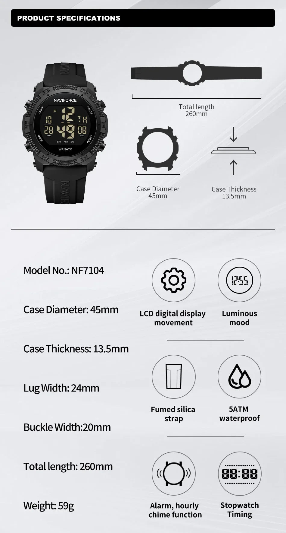 NAVIFORCE NF7104 Men's LCD Digital Leisure Date and Week Alarm Clock Waterproof Silicone Strap Electronic Premium Watch