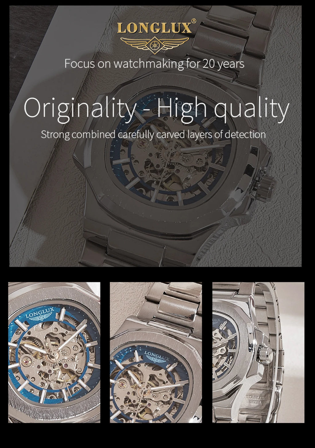 LONGLUX Men automatic mechanical watch luxury watches waterproof skeleton business cheap wholesale stainless steel gift watch