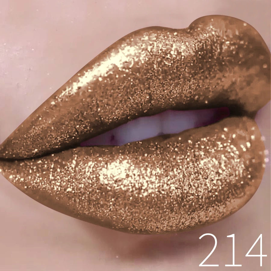 Close-up of lips with shimmering gold glitter lipstick, makeup shade 214.