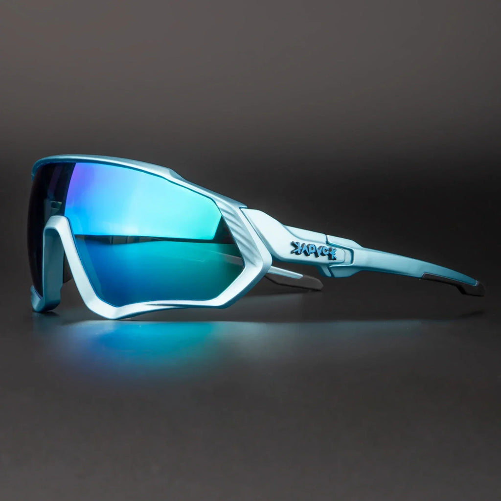 Sporty blue mirrored sunglasses with angular frame on dark background
