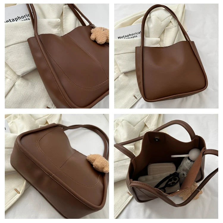 Large Capacity Bucket Bag Women's Retro Versatile Single Shoulder Tote Bag for Work Commuting Soft American Vintage Style