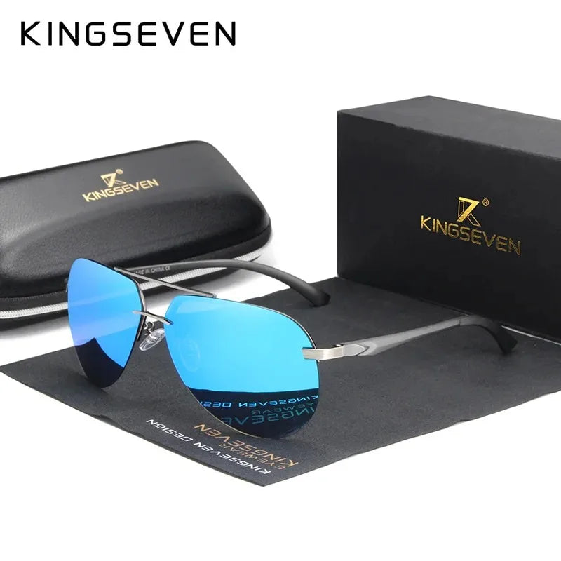 Men's blue mirrored aviator sunglasses with metal arms, case, and gift box on display.
