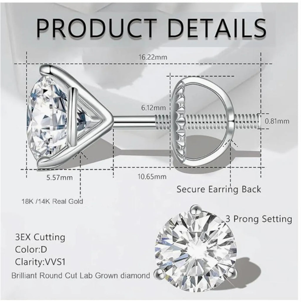 18K solid Real gold Lab grow diamond earrings Simple 3 claw 10K gold 1CT diamond earrings custom Valentine's Day gift for women
