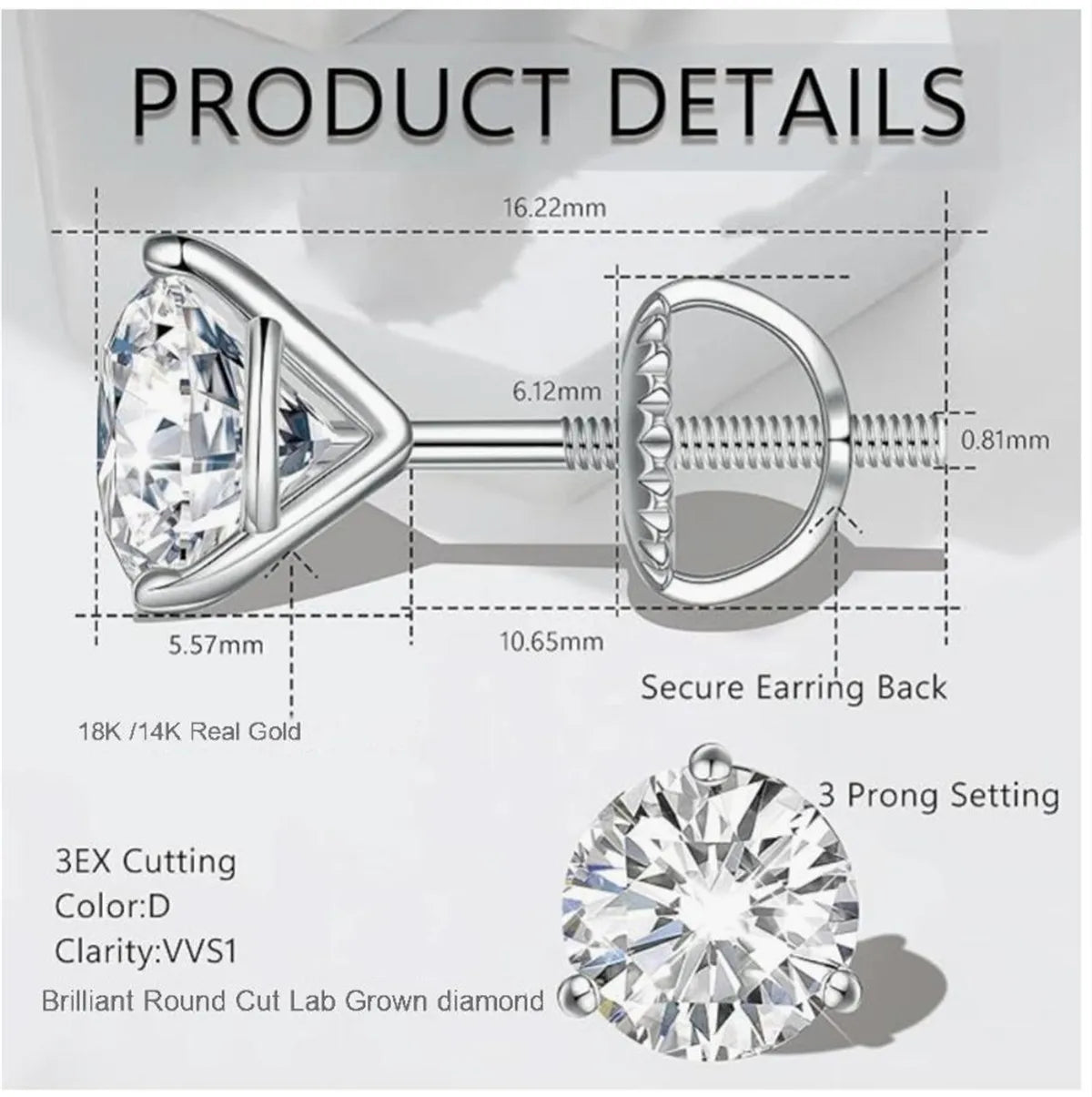 18K solid Real gold Lab grow diamond earrings Simple 3 claw 10K gold 1CT diamond earrings custom Valentine's Day gift for women