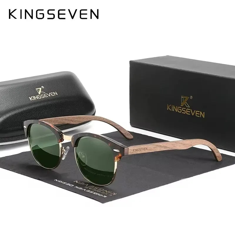 Wooden frame sunglasses with green lenses, sunglasses case and box on display