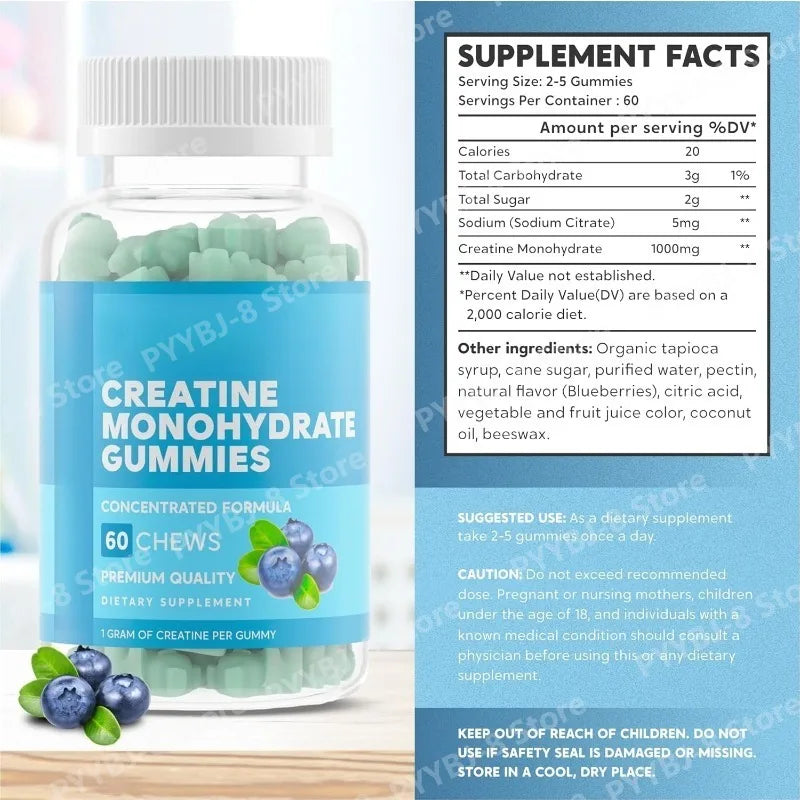 Creatine Monohydrate Gummie Blueberry Flavor 60pcs with 1000mg Creatine & Sodium Support Recovery After Exercise Muscle Strength