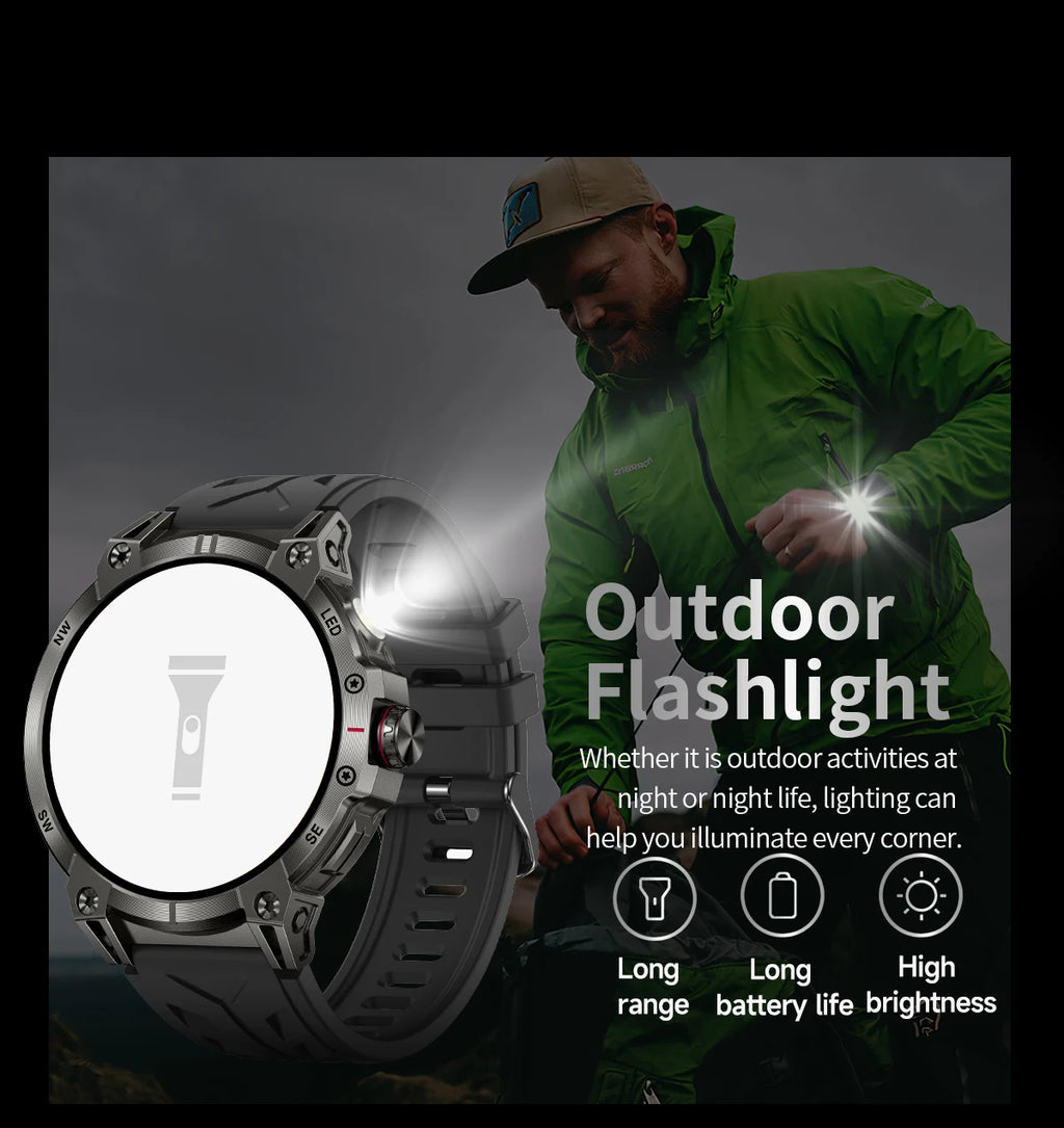 Military smartwatch men,760mAh Bluetooth call,LEDflashlight,compass,1.85HD Large screen,heart rate.blood pressure,IP68waterproof