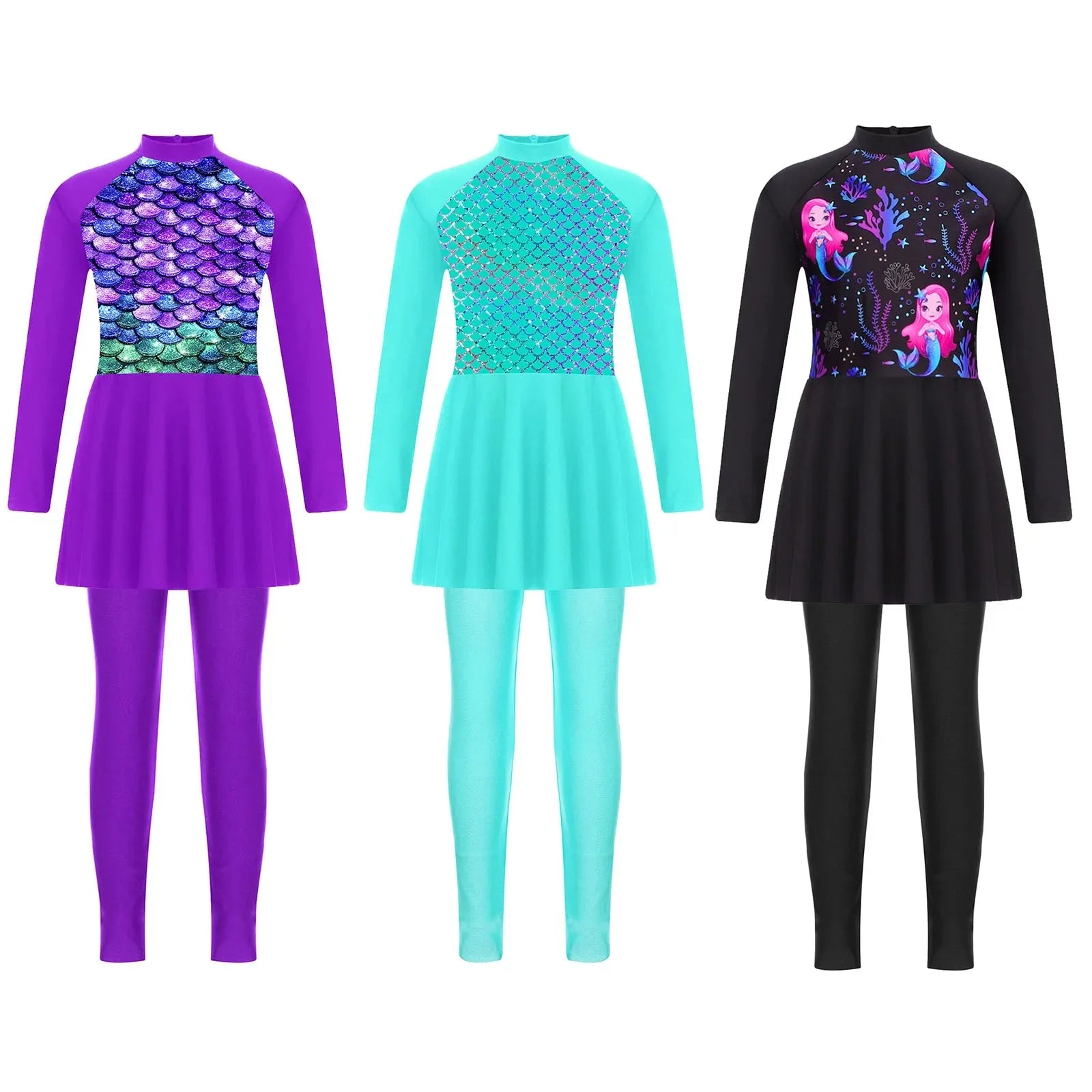 Girls Swimsuits 2 Piece Rash Guard Set UPF 50 Sun Protection Long Sleeve Swim Dress with Leggings Kids Full Body Cover Beachwear
