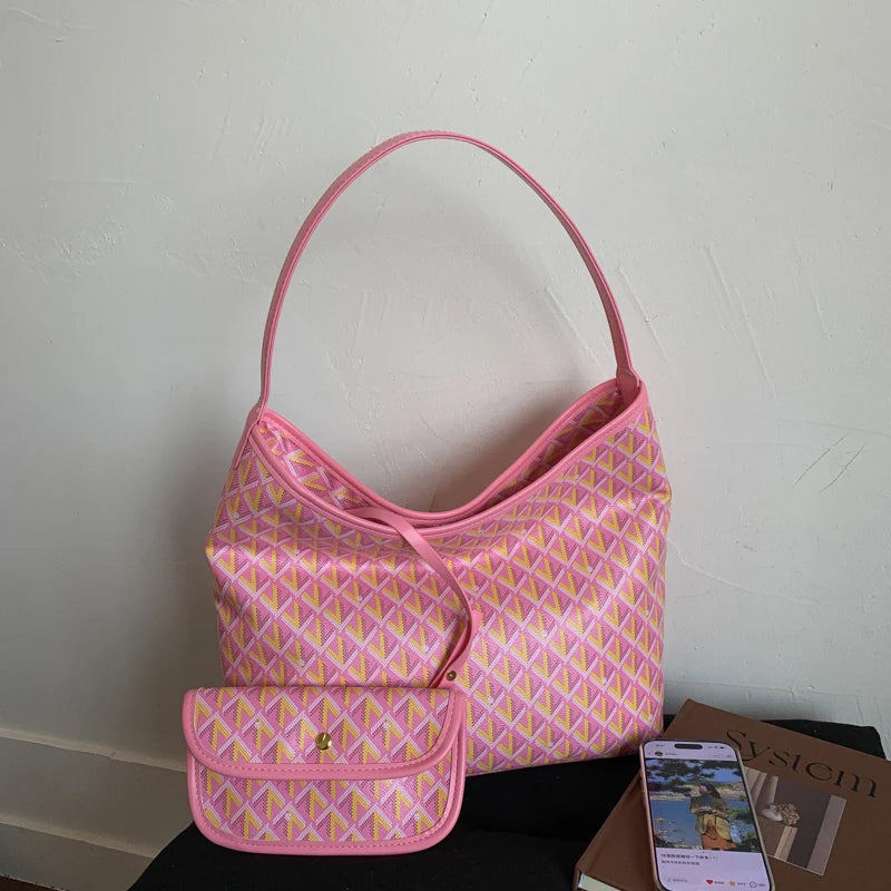 Large Capacity Women's Shoulder Bag Fashionable Commuter Tote Bag Soft PU Leather Printed Geometric Pattern Autumn New Arrival