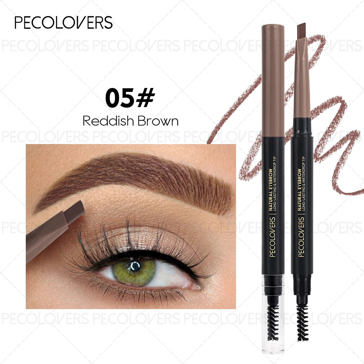 Reddish brown eyebrow pencil with angled tip and brush, shown on a well-defined eyebrow.