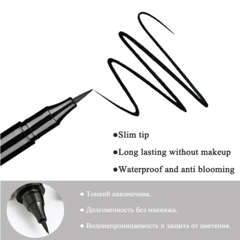 Black waterproof liquid eyeliner pen with slim tip and long-lasting formula.