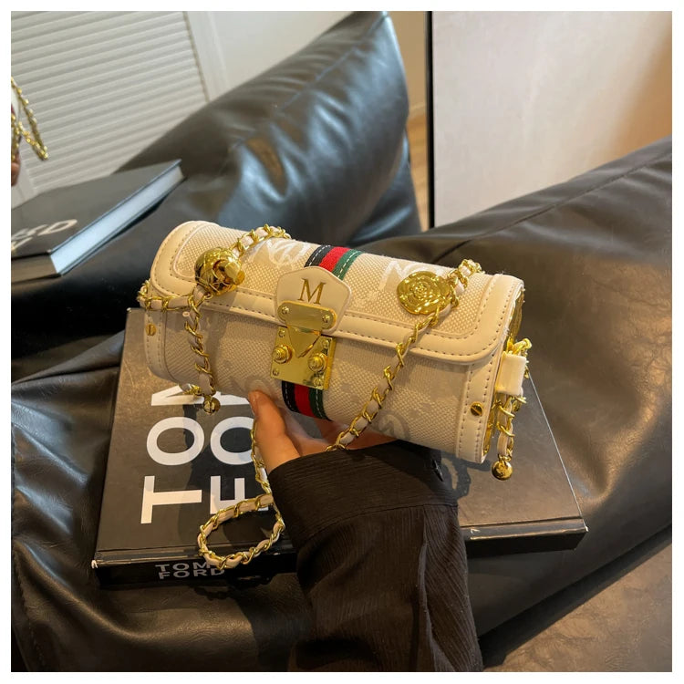 Fashionable Retro Summer Women's Chain Crossbody Bag Trendy Cylinder Bag Soft PU Leather Casual Style Small Size Korean Style