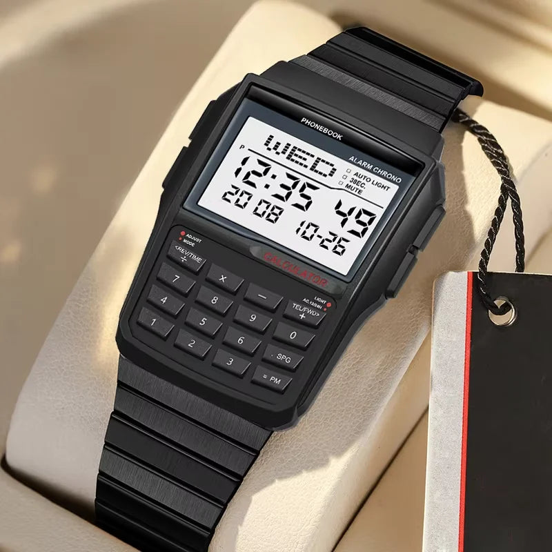 Top Luxury Stainless Steel Men's Watch Dual Time Zone Sports Calculator Watch Men's Digital Watch Timer Casual Phonebook Watch