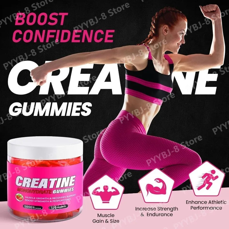 120 Count Creatine Monohydrate Gummies 5000mg Strawberry Flavor Support Muscle Growth and Post Exercise Recovery 0g Sugar Vegan