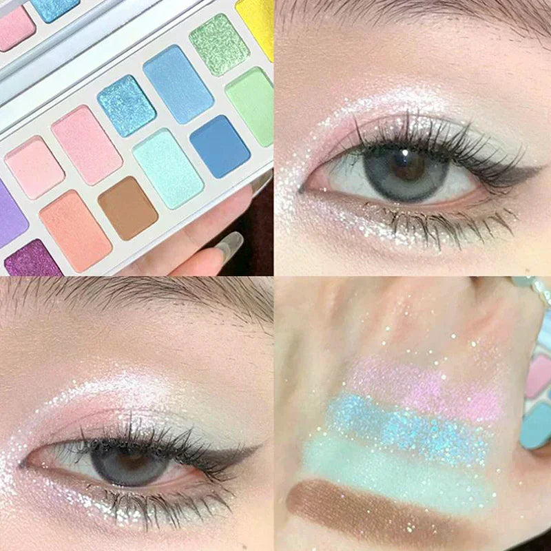 Pastel eyeshadow palette with glitter makeup swatches and shimmery eye looks