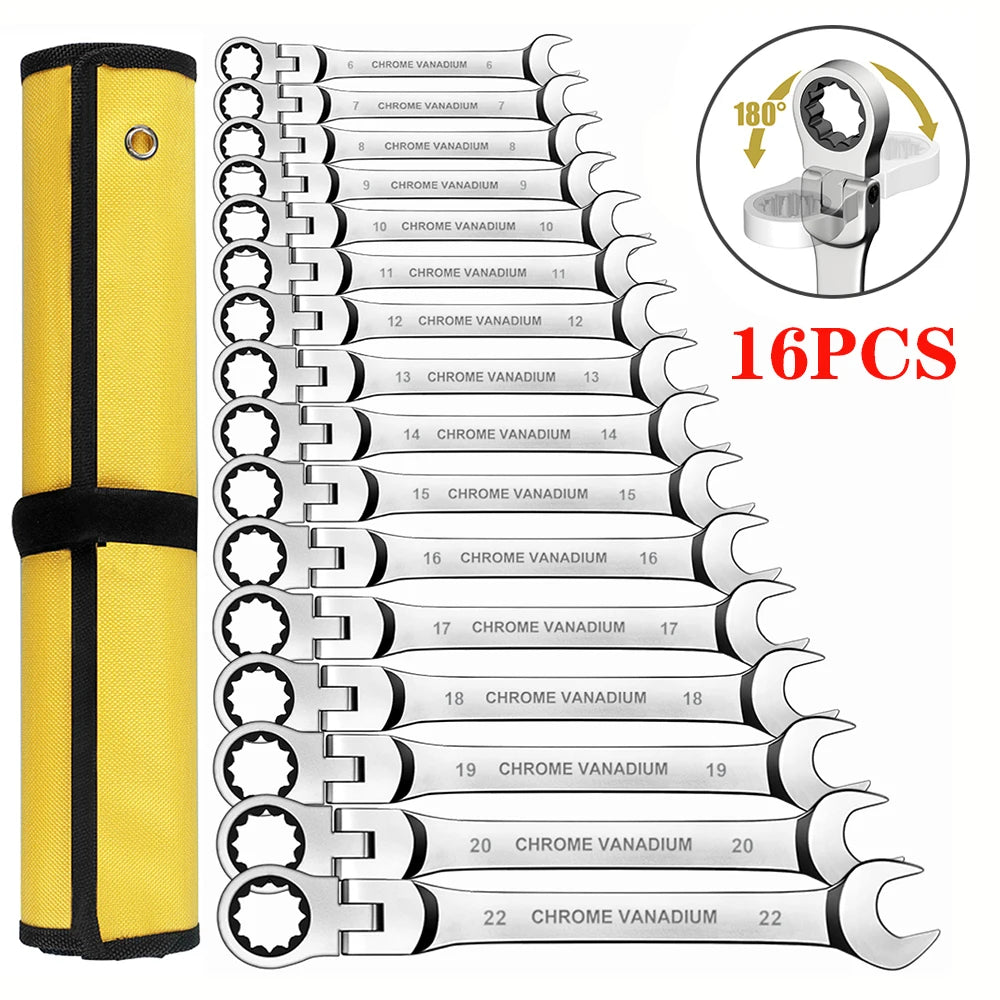 Ratcheting Wrench Set Metric and Standard 12-Point Box End Combination Spanner Gear Wrench Garage Tool Set,CR-V Full Polished