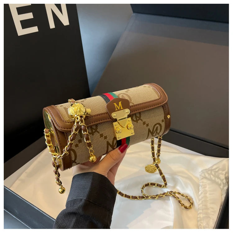 Fashionable Retro Summer Women's Chain Crossbody Bag Trendy Cylinder Bag Soft PU Leather Casual Style Small Size Korean Style