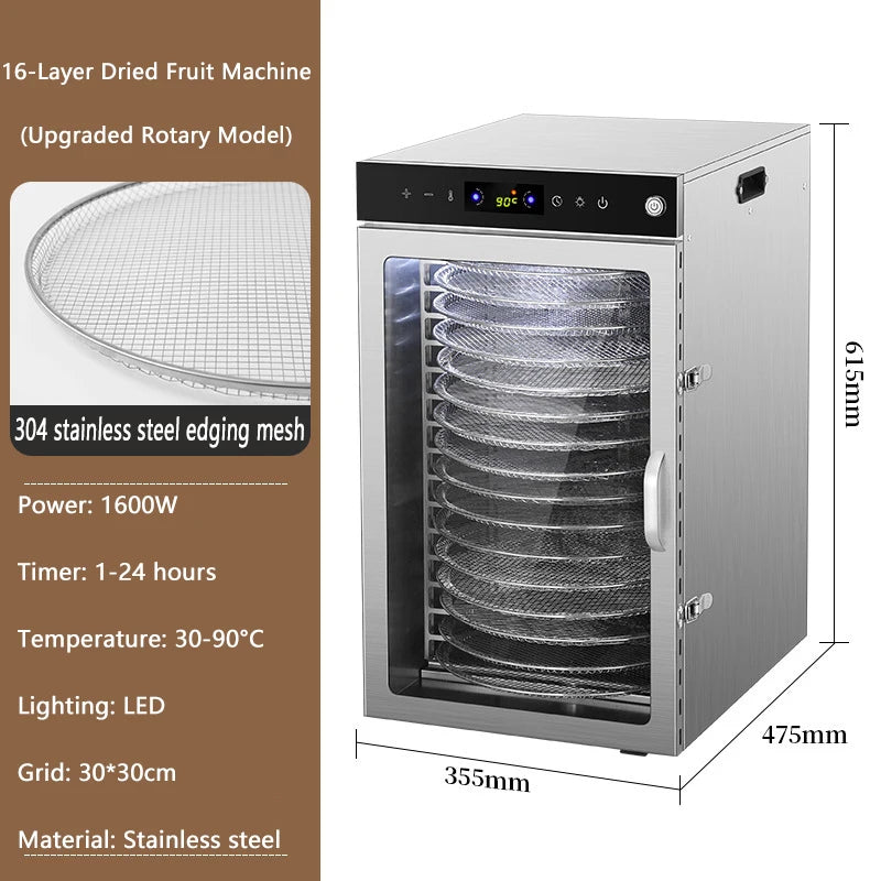 10/12/16 Tier Rotary Food Dehydrator Smart Commercial & Home Dryer for Fruit, Veg, Meat, Snacks, Herbs