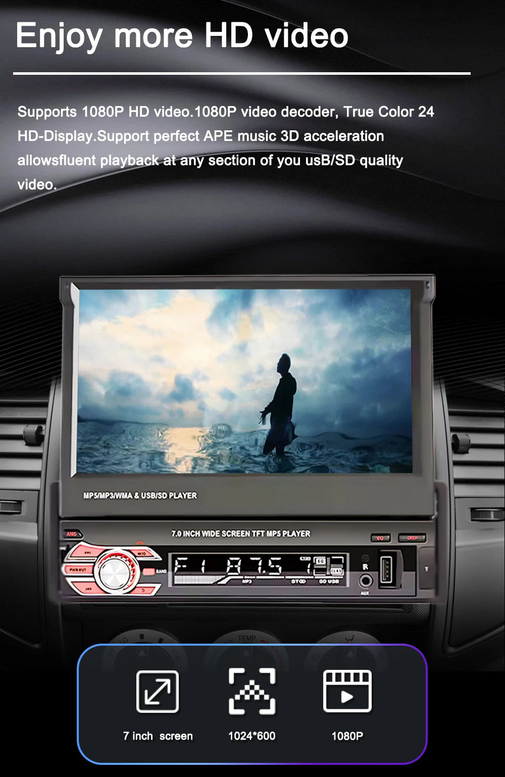 1 Din MP5 Player 7 Inch Carplay Android Auto Universal  Manual Automatic Retractable Touch Screen Car Player FM Radio