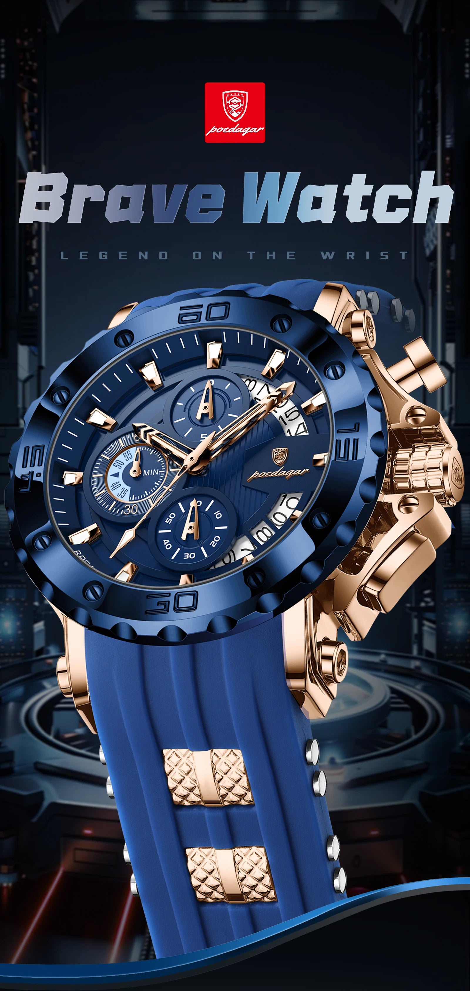 POEDAGAR Original Luxury Man Watch Chronograph Waterproof Luminous Sports Men Clock Calendar Silicone Strap Quartz Men's Watches