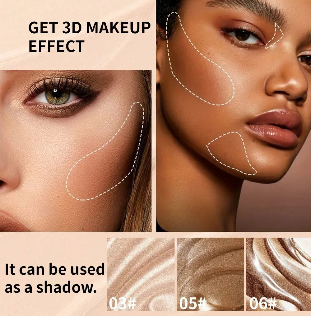 3D makeup contouring effect with highlighter and bronzer shades on two models, showing shimmer colors 03#, 05#, 06#.