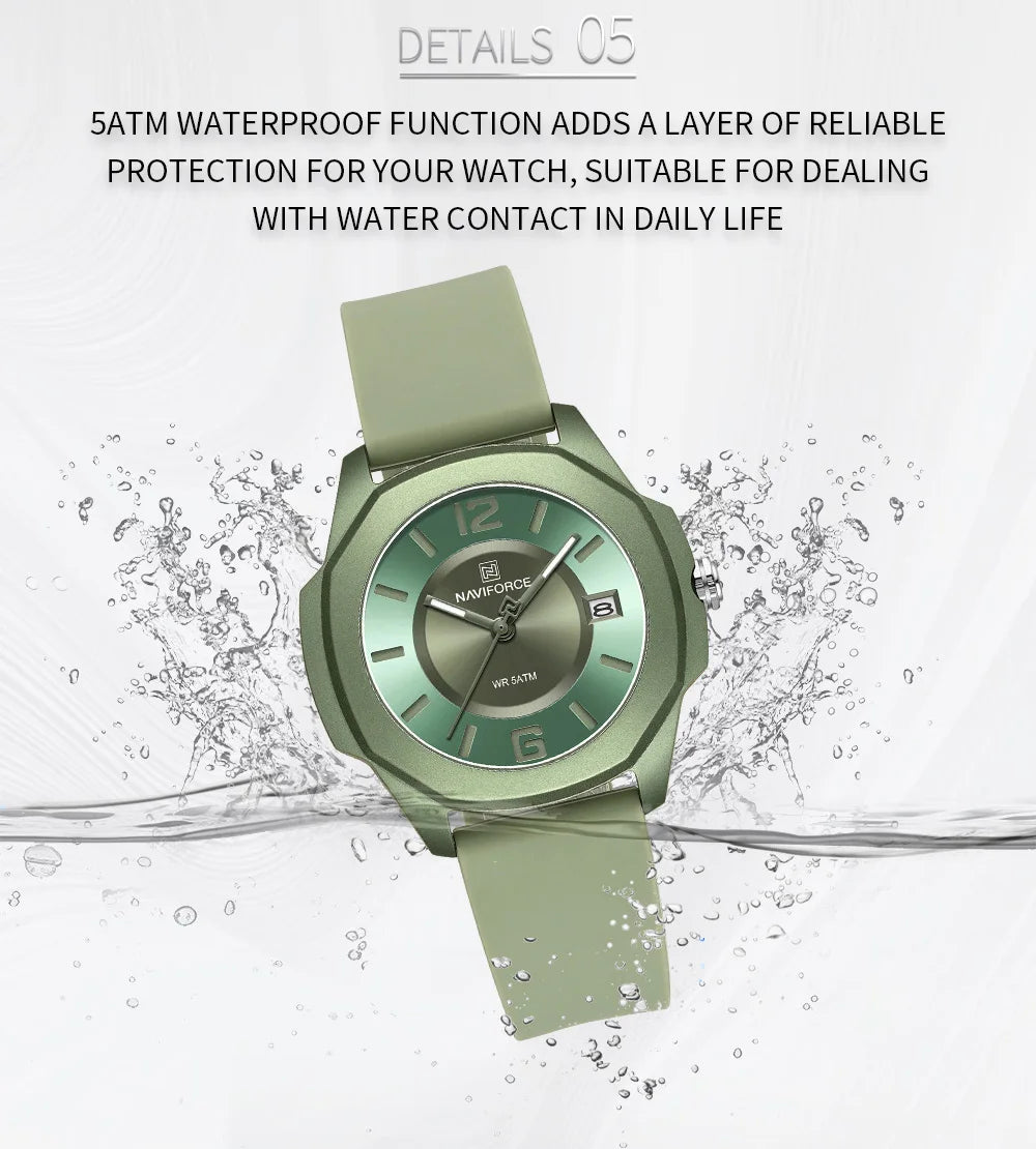 NAVIFORCE Sports Casual Watches for Woman Soft Silicone Strap Classic Fashion 30m Waterproof Date Display Ladies Gift Wristwatch