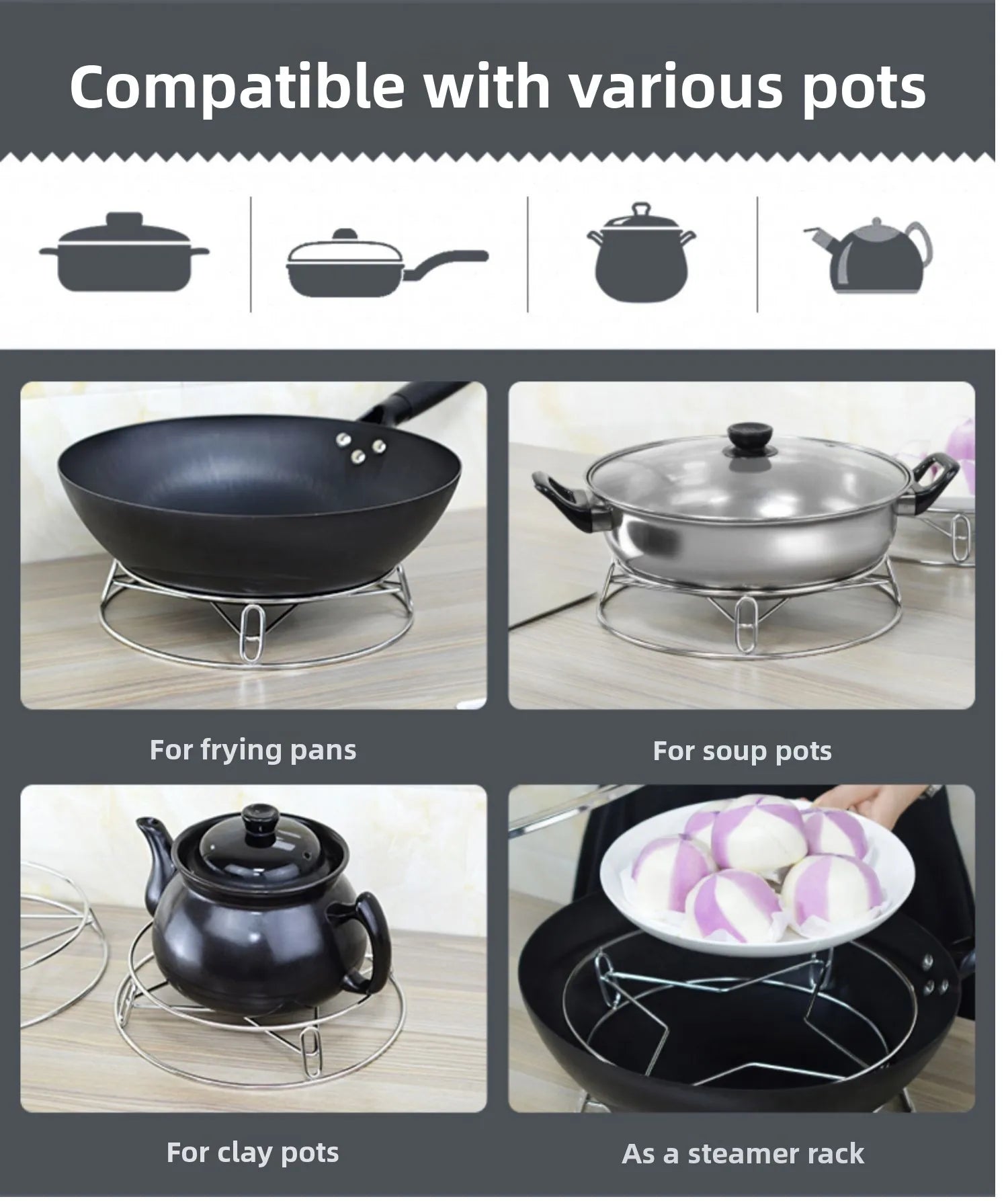 Thickened Stainless Steel round Tube Wok Stand Double Layer Pot Pad with Plate Connected Pot Stand Heat Insulation Anti-Scald...