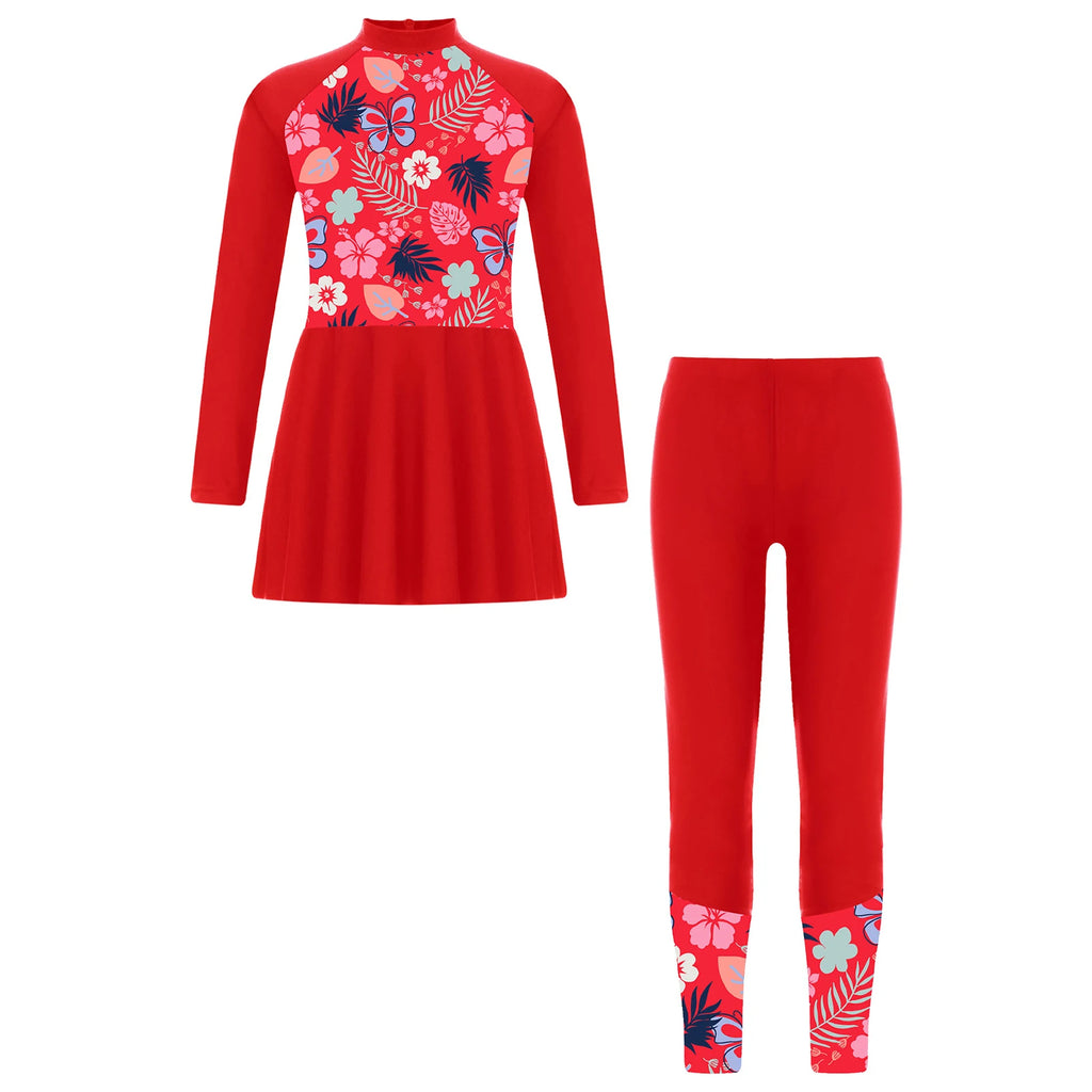 Girls Swimsuits 2 Piece Rash Guard Set UPF 50 Sun Protection Long Sleeve Swim Dress with Leggings Kids Full Body Cover Beachwear