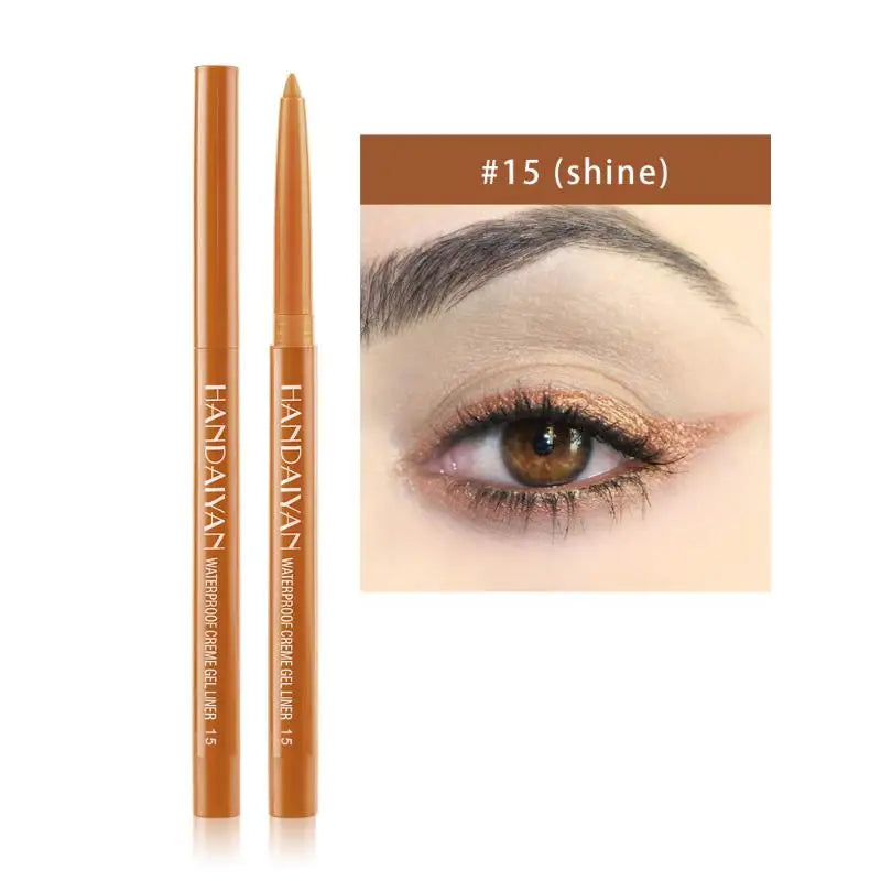 Waterproof brown gel eyeliner pencil with shimmer, shade #15, shown on model eye.