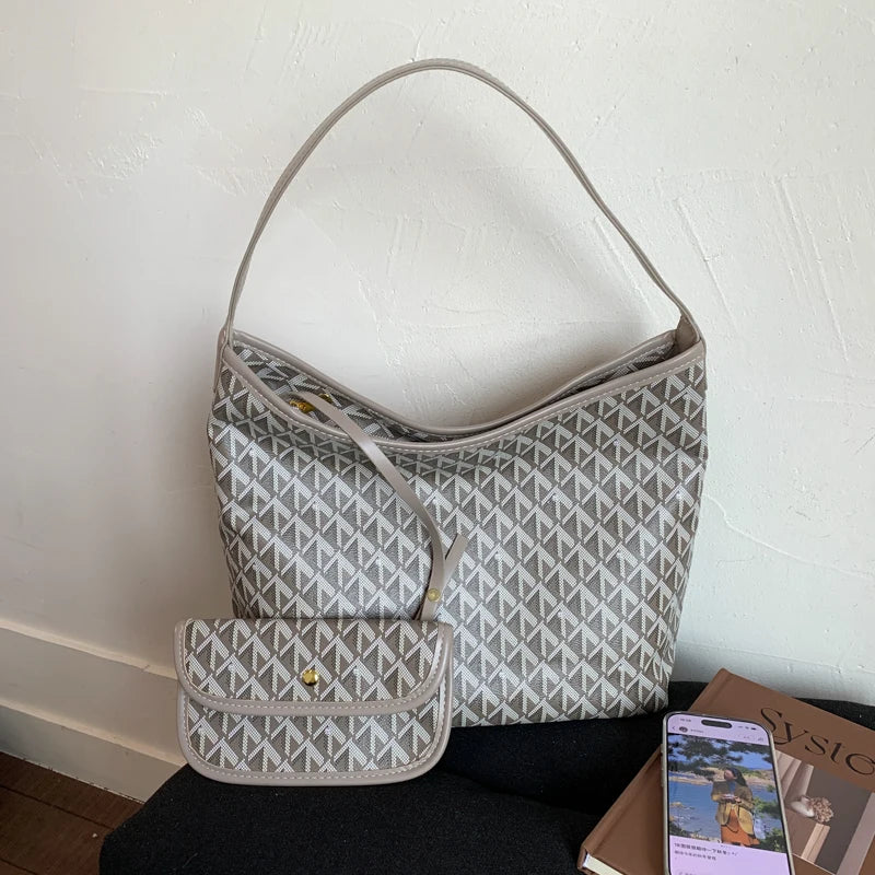 Large Capacity Women's Shoulder Bag Fashionable Commuter Tote Bag Soft PU Leather Printed Geometric Pattern Autumn New Arrival