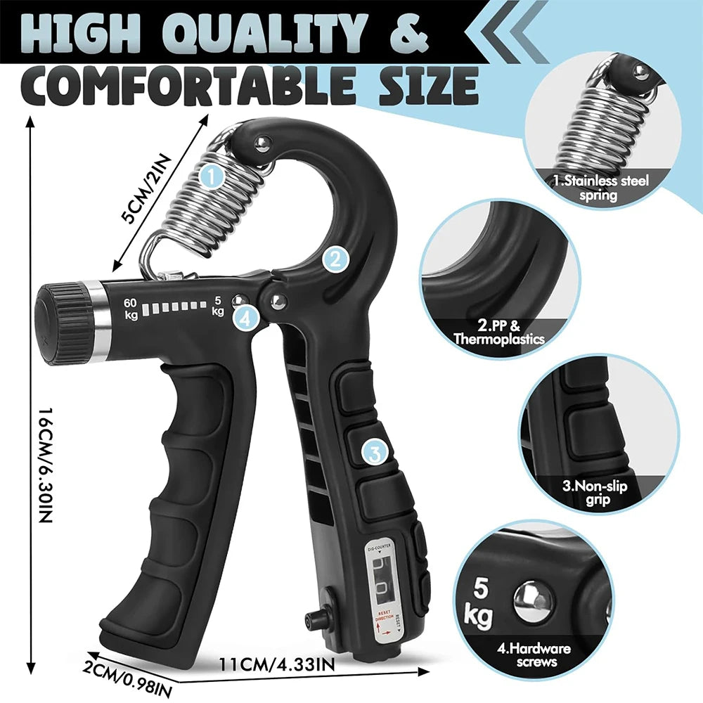 5-60Kg Adjustable Grip Strength Trainer with Finger Exerciser Hand Grip Strengthener for Muscle Building and Injury Recover
