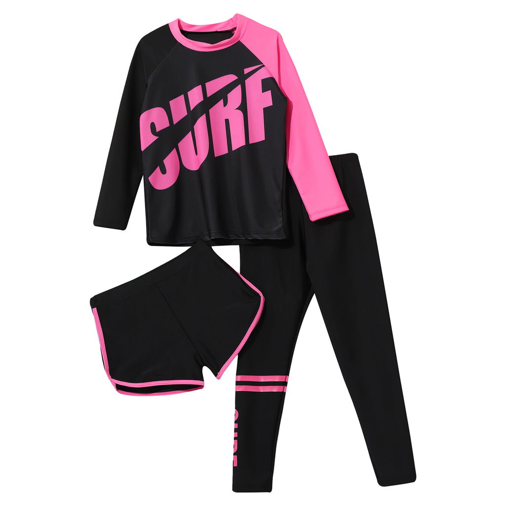 Kids Rash Guard Swimwear 3 Piece Swimming Sets Quickly Dry Swimsuit Sun Protection Long Sleeve Top+Shorts+Pants Swim Outfits