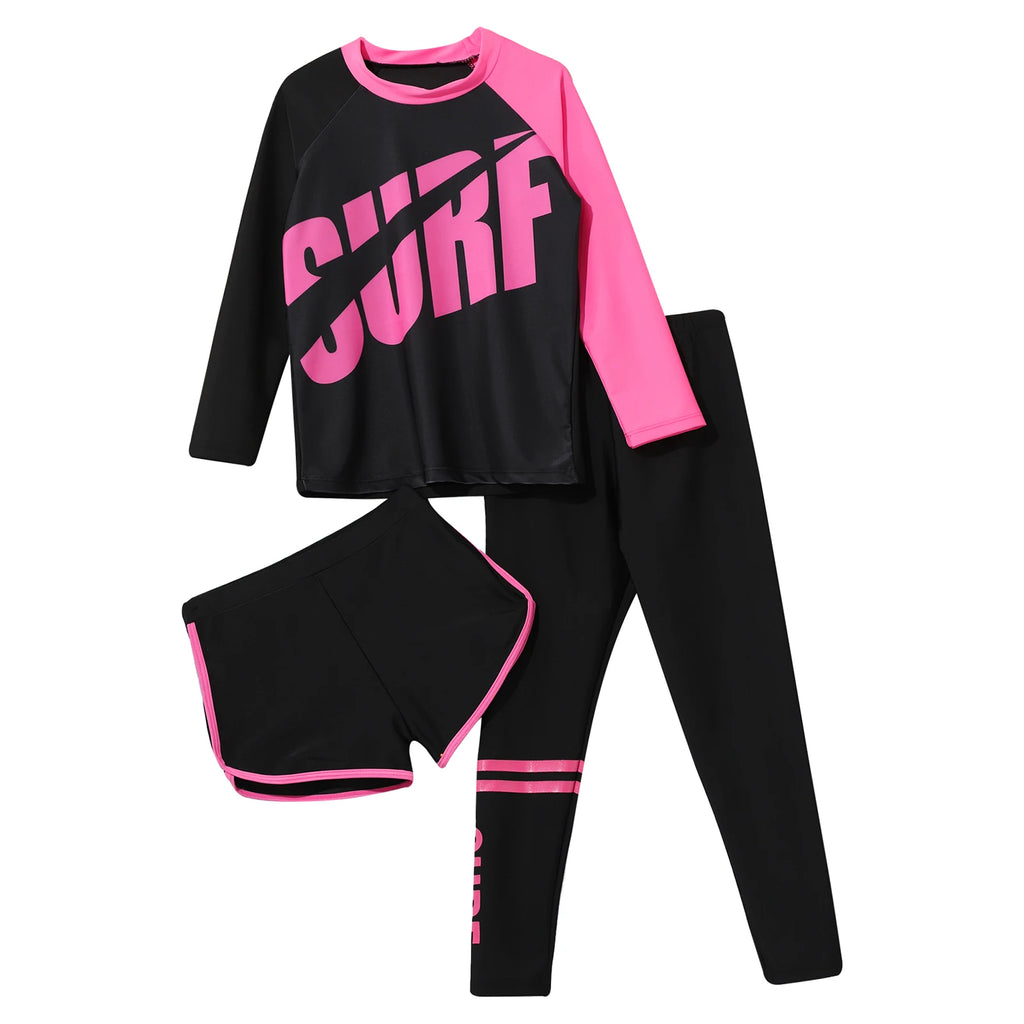 Kids Rash Guard Swimwear 3 Piece Swimming Sets Quickly Dry Swimsuit Sun Protection Long Sleeve Top+Shorts+Pants Swim Outfits