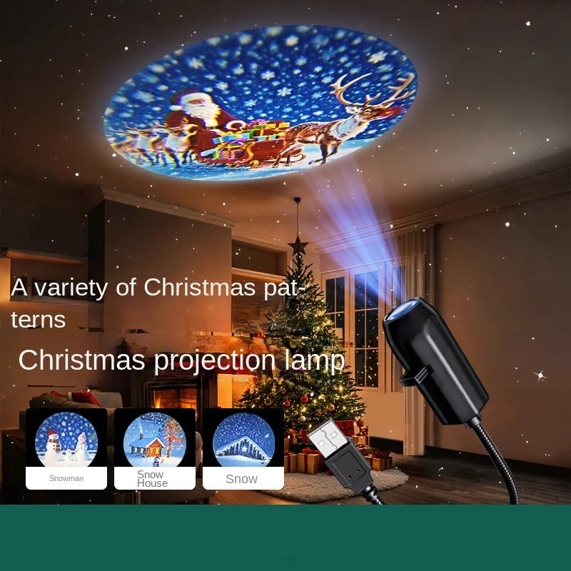 Christmas projection lamp displaying Santa and reindeer pattern in festive living room
