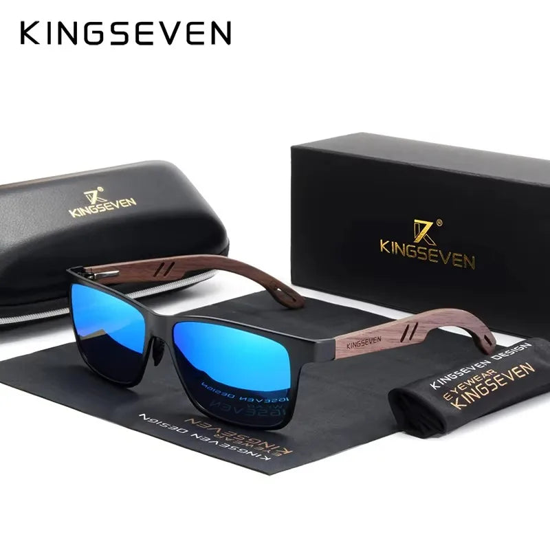 Polarized sunglasses with blue mirrored lenses, wood-patterned arms, and branded case.