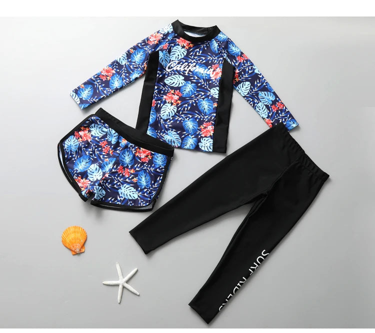Girls Swimming Suit Children's Swimwear Three-Piece Set Quick Dry Sun Protection Large Size Polyester Fiber Student Girl