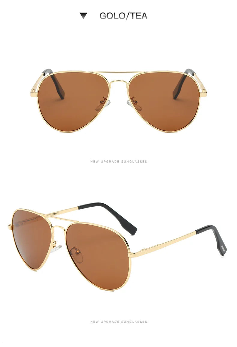 Aviator sunglasses with gold metal frames and brown tea-tinted lenses shown front and side view.
