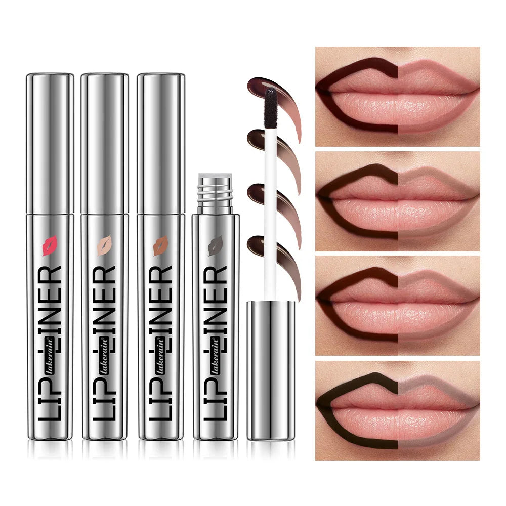 Long-lasting waterproof lip liner set with four colors and lip application examples