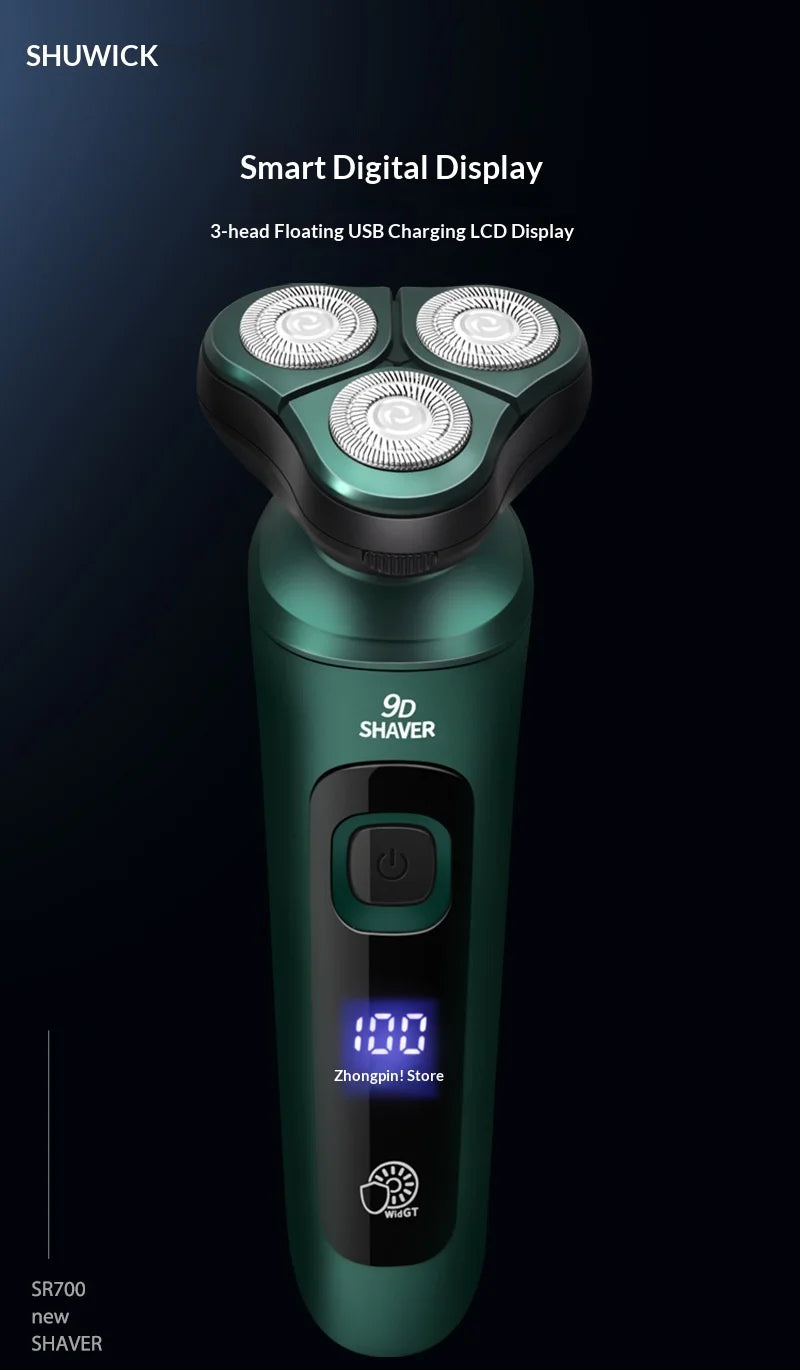 Smart Electric Shaver with LCD Display – 3D Floating Triple Head Razor, USB Rechargeable & Waterproof for Shaving Beard Trimming
