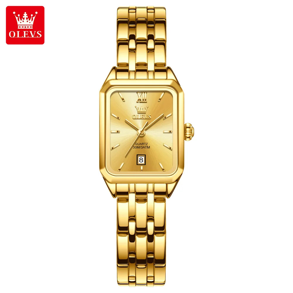OLEVS 5616 New Quartz Watch for Women Fashion Elegant Square Golden Watch Calendar Waterproof Stainless Steel Ladies Wristwatch