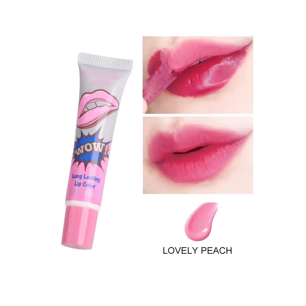 Long lasting lip color in lovely peach shade with before and after application on lips
