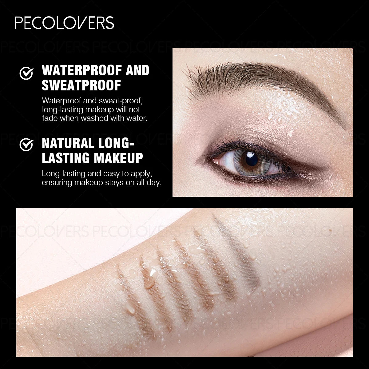 Waterproof long-lasting eyebrow makeup demo on eye and arm with water droplets