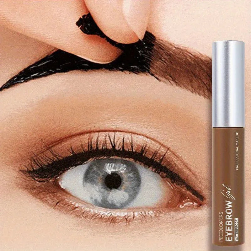 Eyebrow gel applied to shaped eyebrow with eyebrow makeup product tube nearby