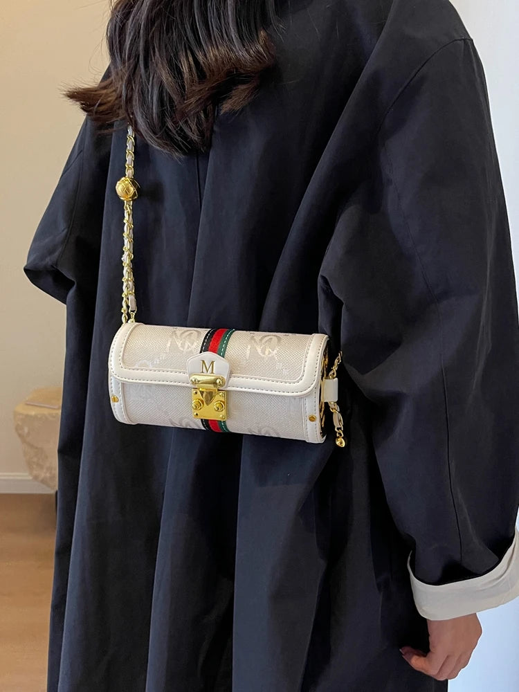 Fashionable Retro Summer Women's Chain Crossbody Bag Trendy Cylinder Bag Soft PU Leather Casual Style Small Size Korean Style