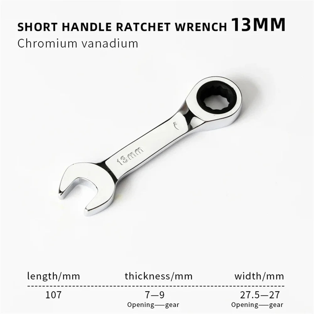 6-19mm Stubby Ratchet Spanner Short Ratchet Wrench Car Repair Hand Tools 72 Tooth Design Short Handle Dual-purpose Wrench Tool